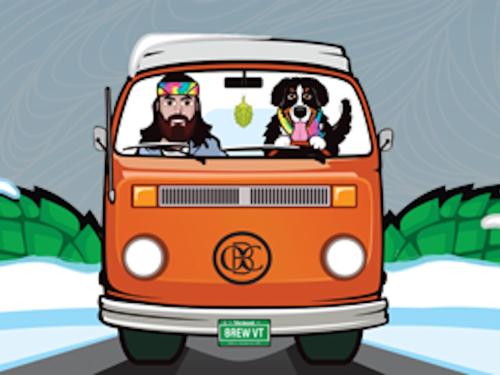 A cartoon image of a man and a dog in a orange van driving down a road.